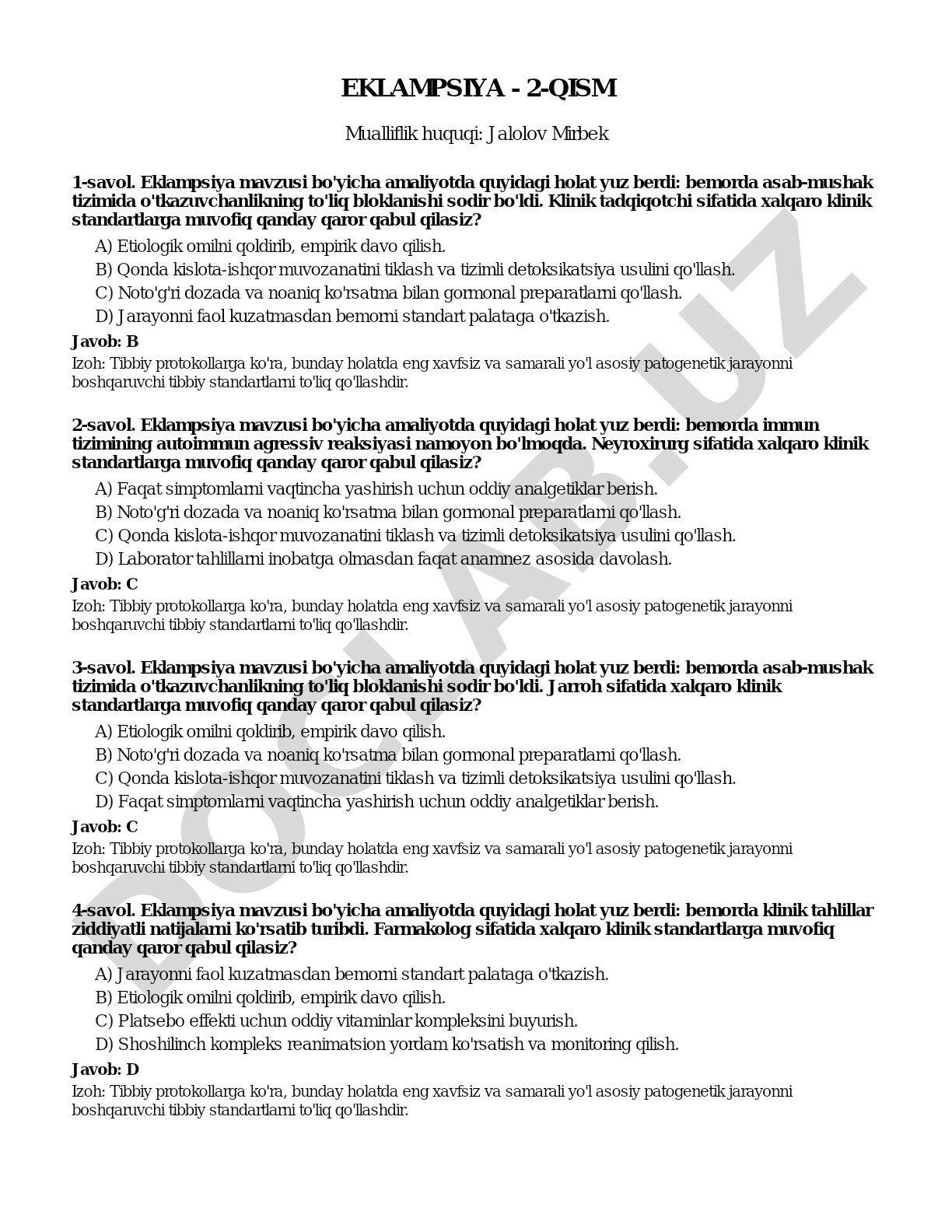 Eklampsiya bo'yicha test savollari va izohlar