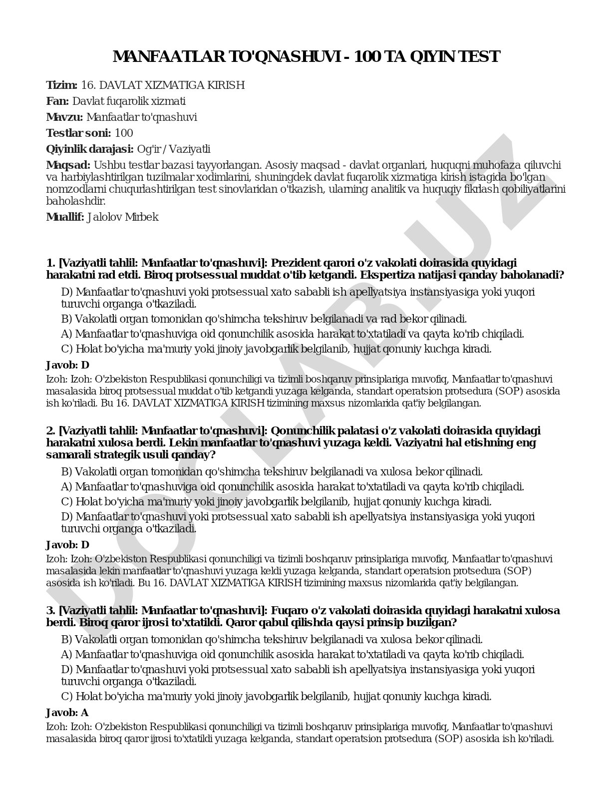 Manfaatlar to'qnashuvi - 100 ta qiyin test