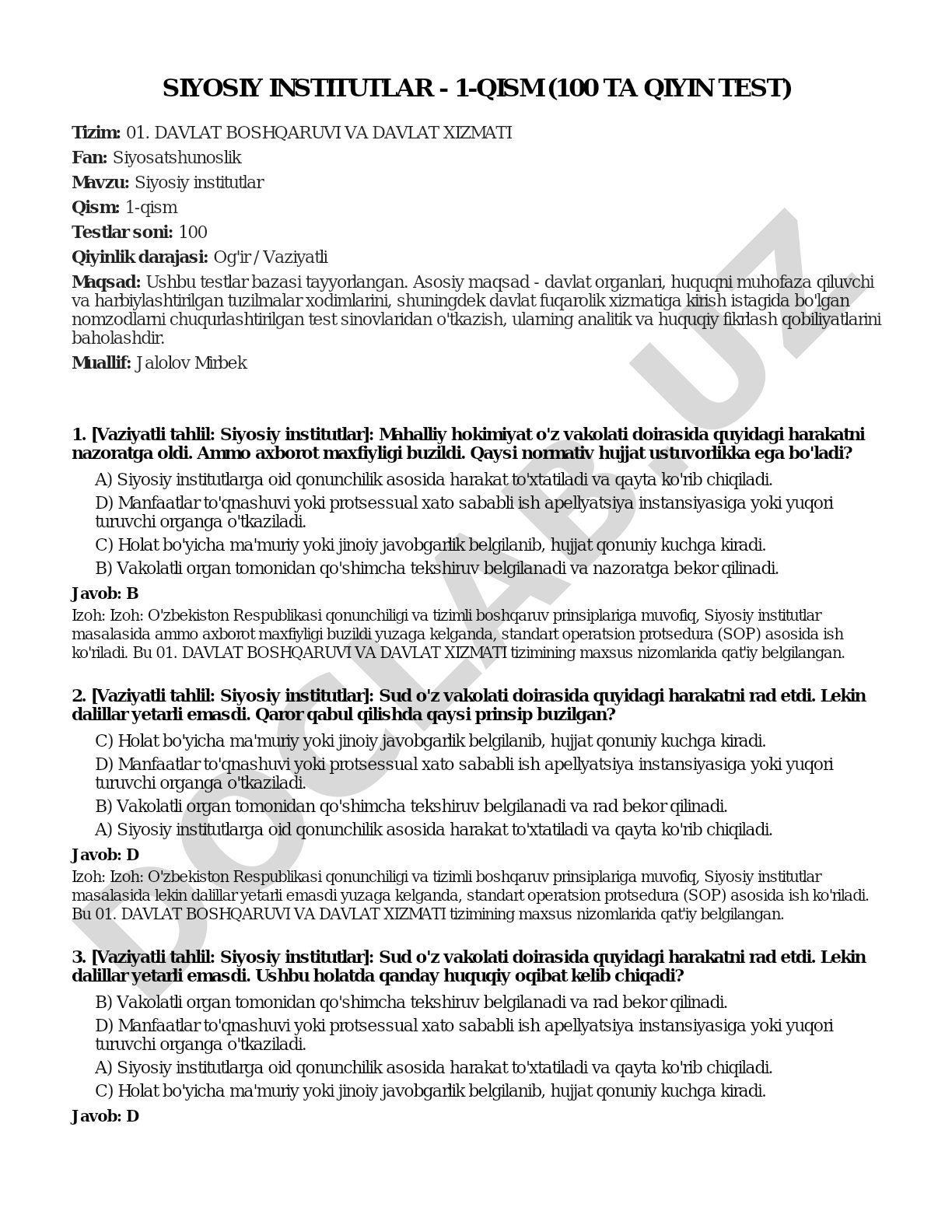 Siyosiy institutlar - 1-qism (100 ta qiyin test)