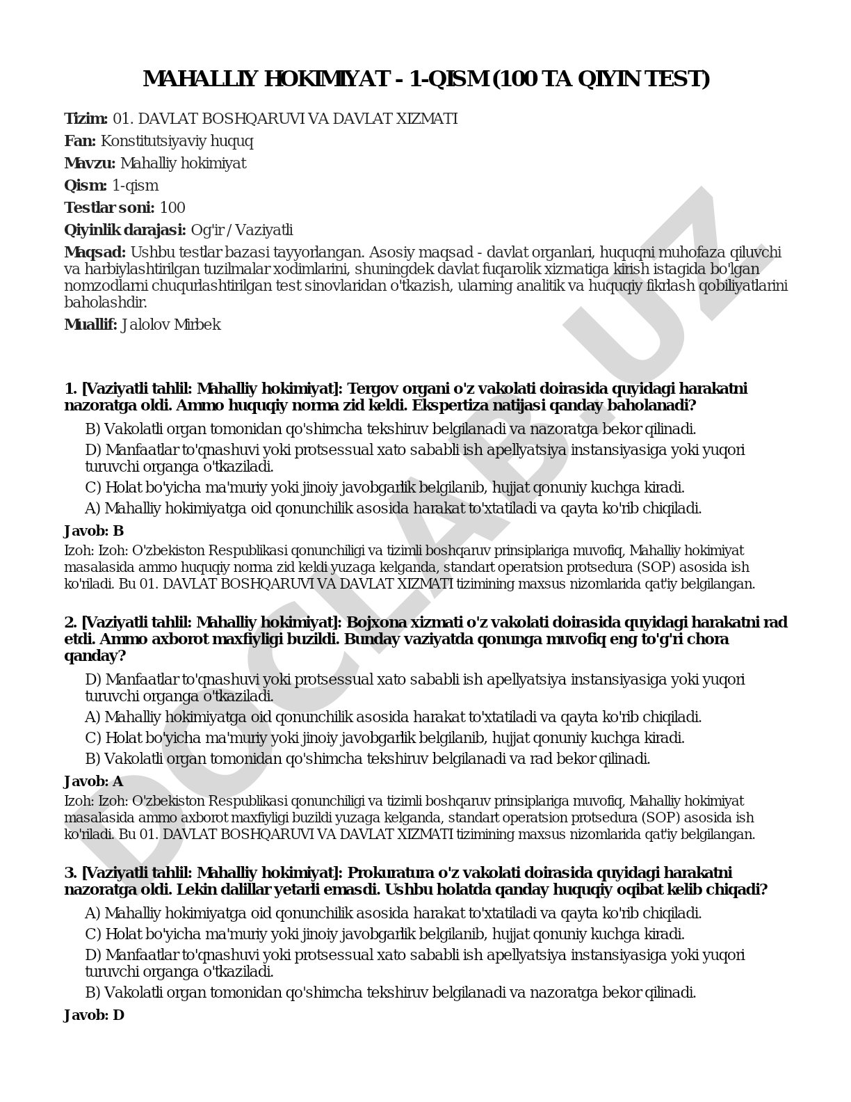 Mahalliy hokimiyat - 1-qism (100 ta qiyin test)