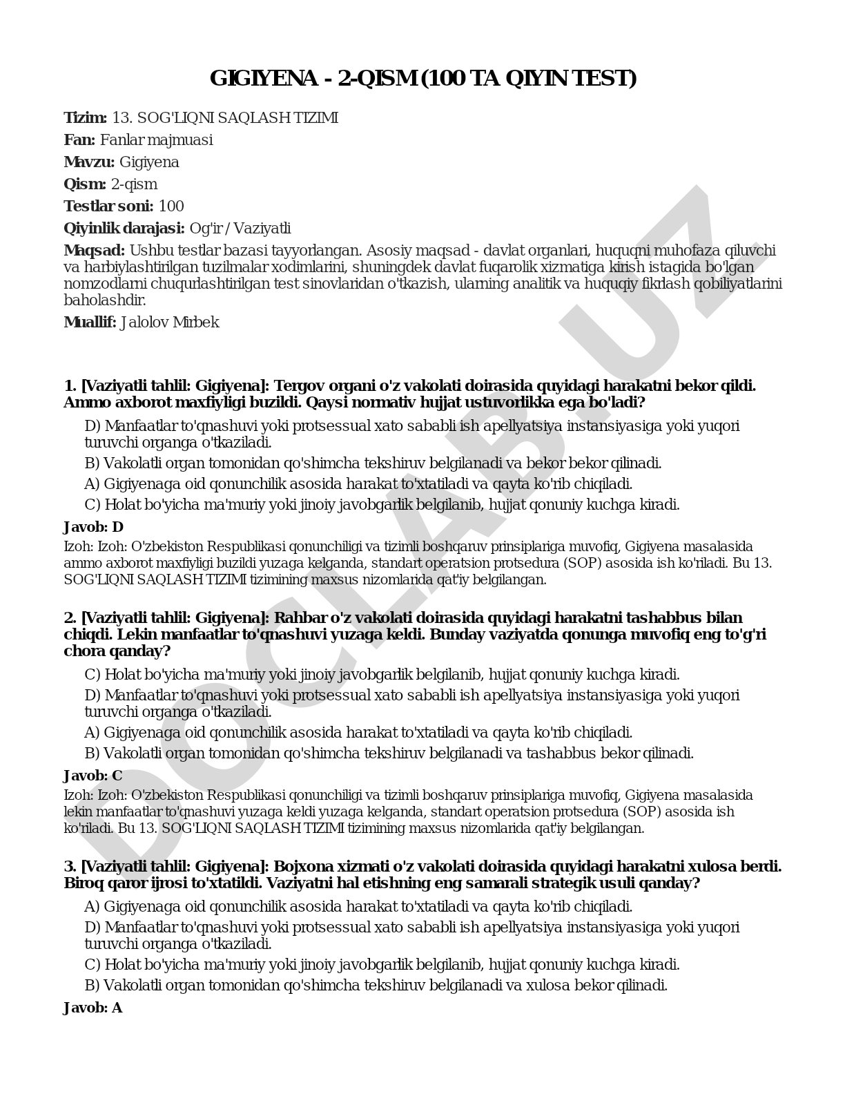Gigiyena - 2-qism (100 ta qiyin test)