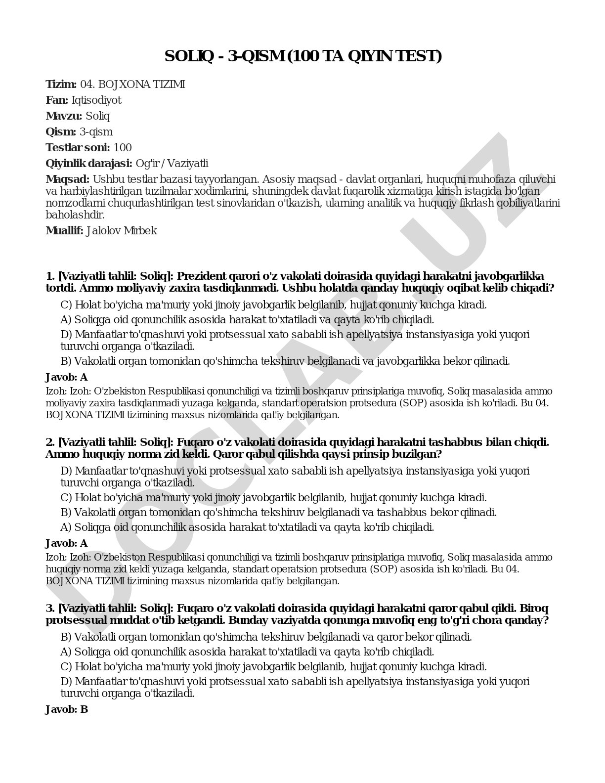 Soliq - 3-qism (100 ta qiyin test) Bojxona tizimi