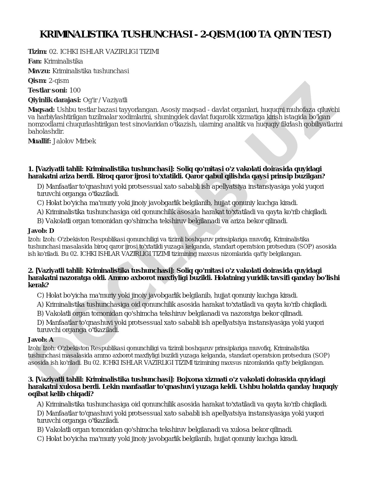 Kriminalistika tushunchasi - 2-qism (100 ta qiyin test)