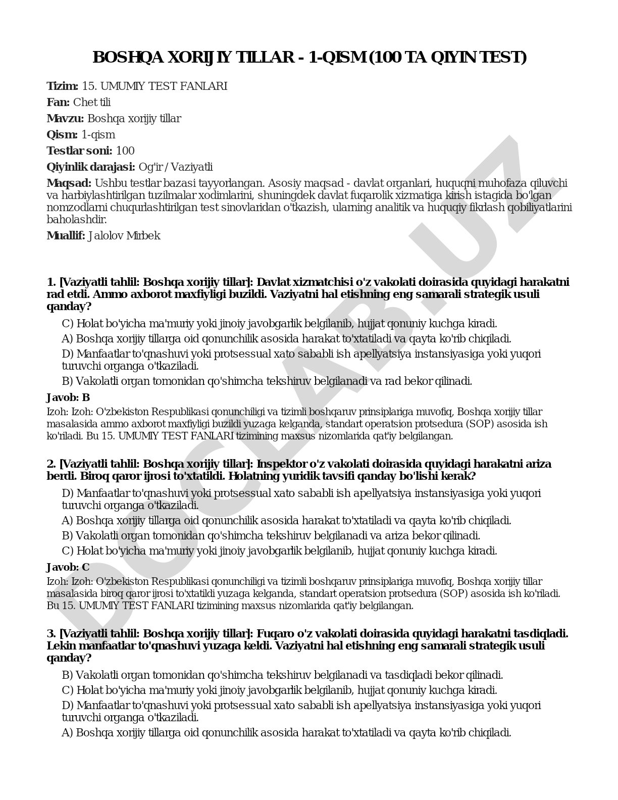 Boshqa xorijiy tillar - 1-qism (100 ta qiyin test)