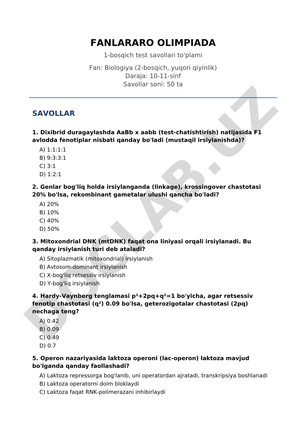 FANLARARO OLIMPIADA 1-bosqich test savollari to'plami Fan: Biologiya (2-bosqich, yuqori qiyinlik) Da