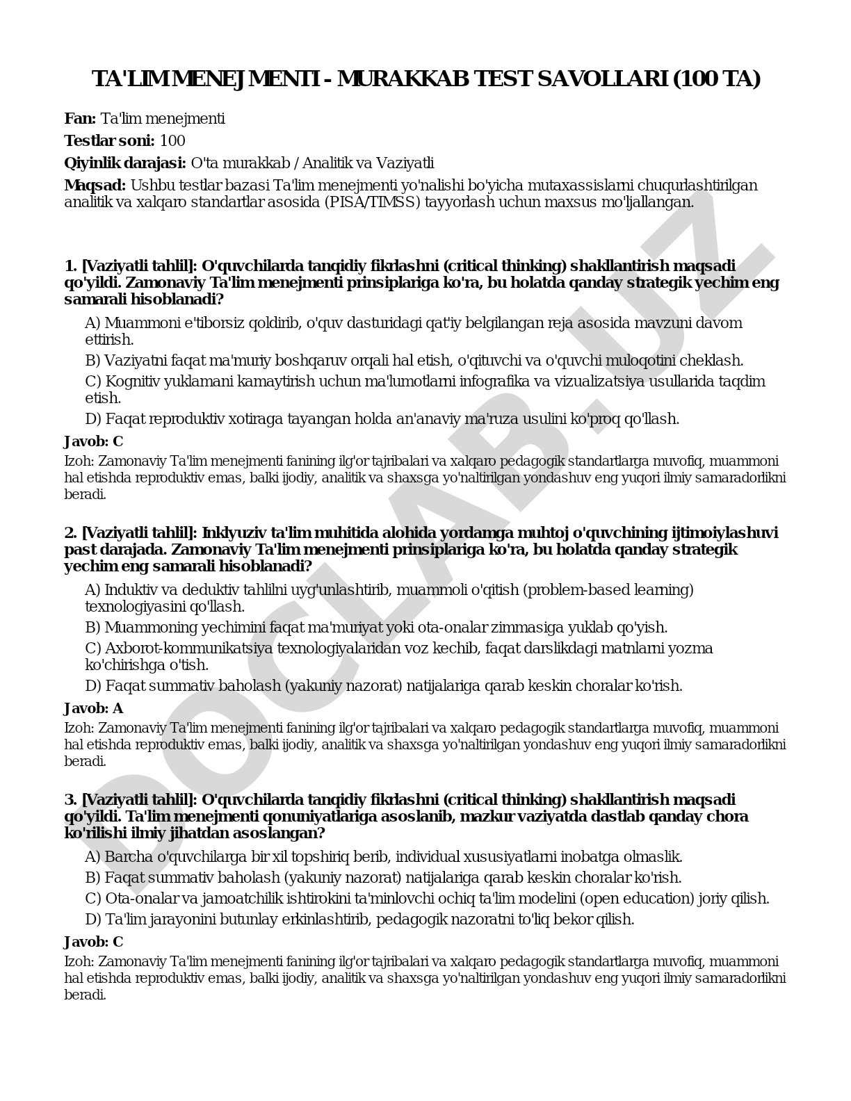 Ta'lim menejmenti - murakkab test savollari (100 ta)
