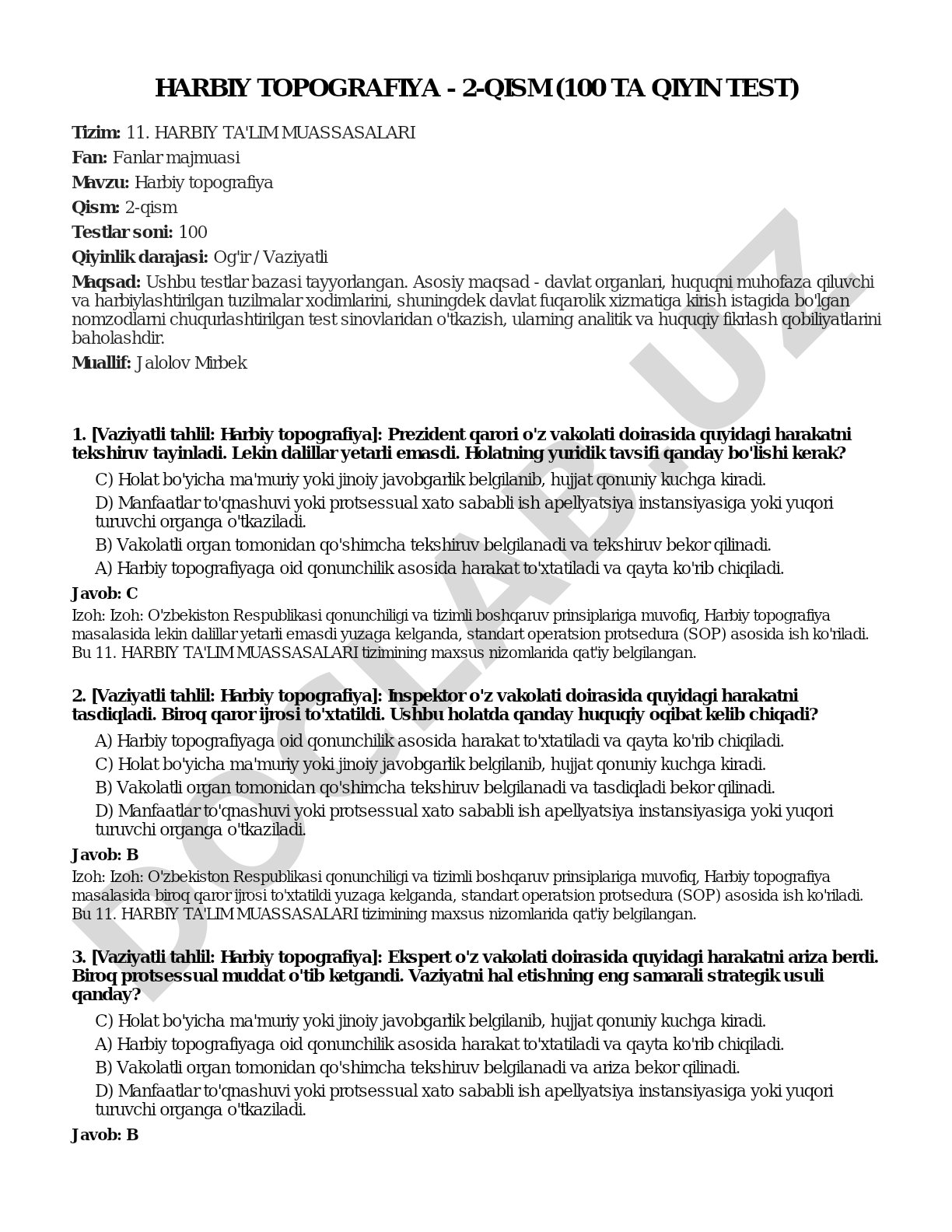 Harbiy topografiya - 2-qism (100 ta qiyin test)