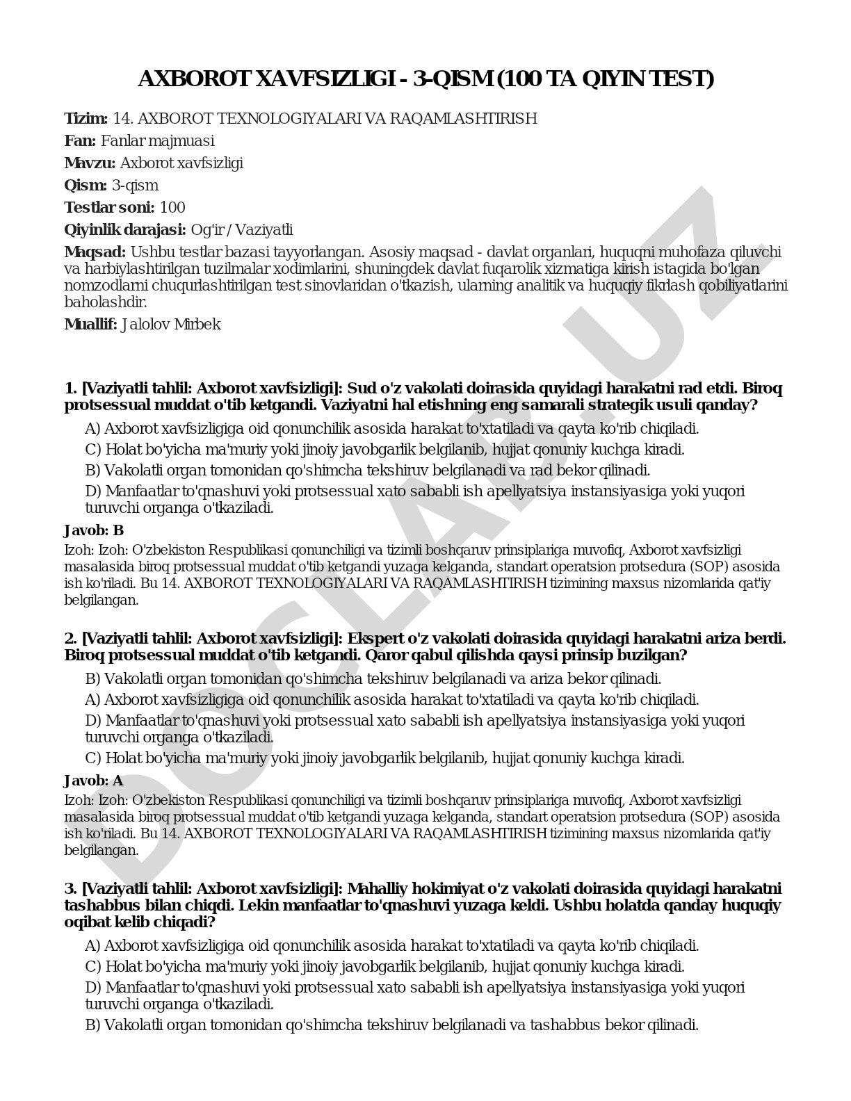 Axborot xavfsizligi - 3-qism (100 ta qiyin test)
