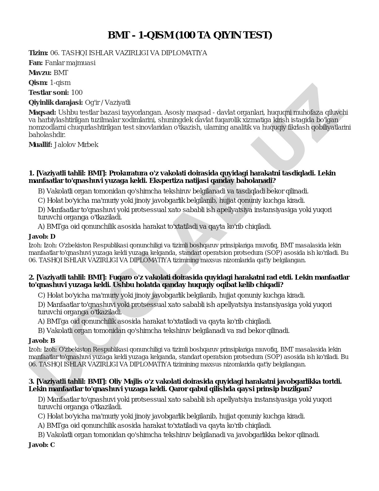 BMT - 1-qism (100 ta qiyin test)