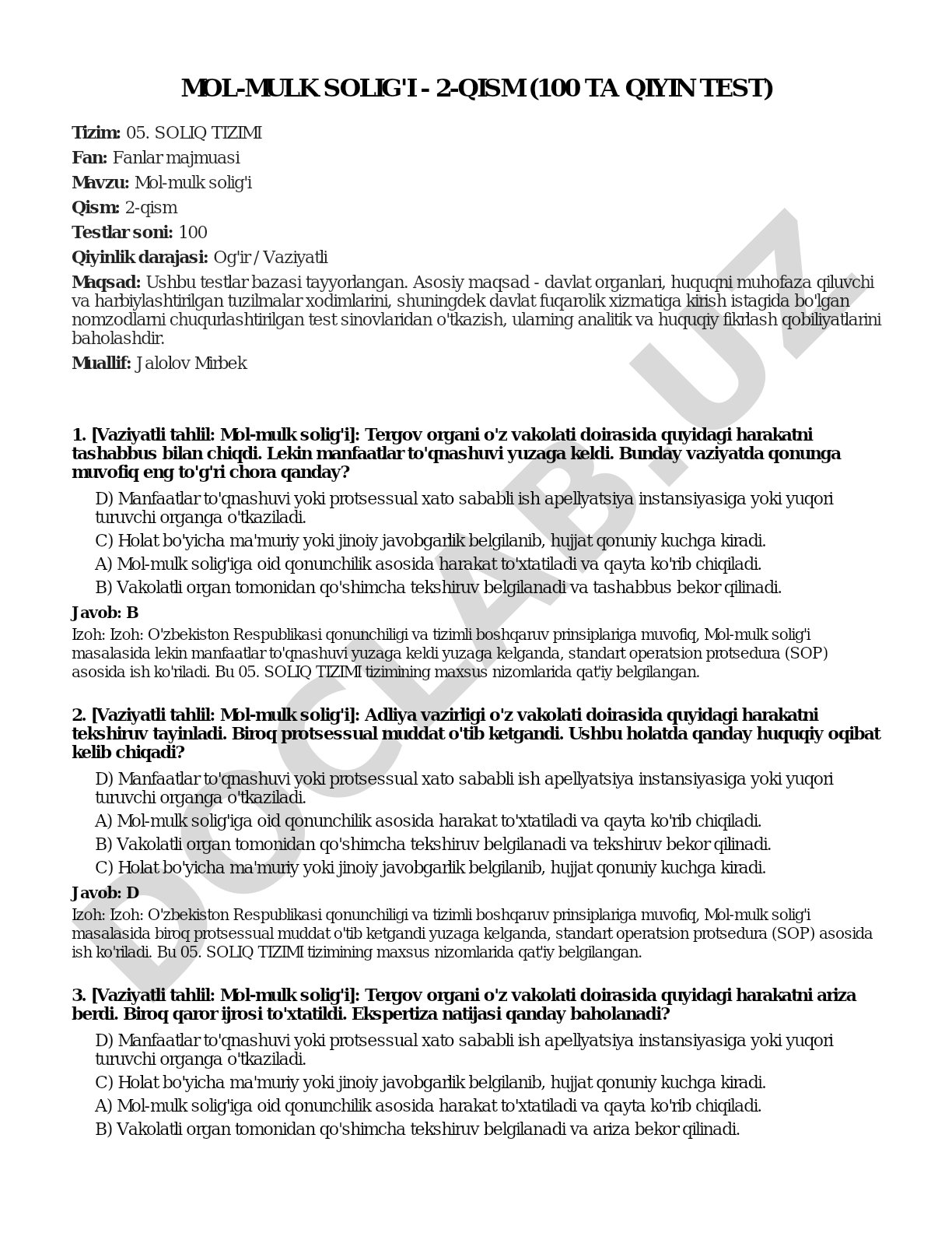 Mol-mulk solig'i - 2-qism (100 ta qiyin test)