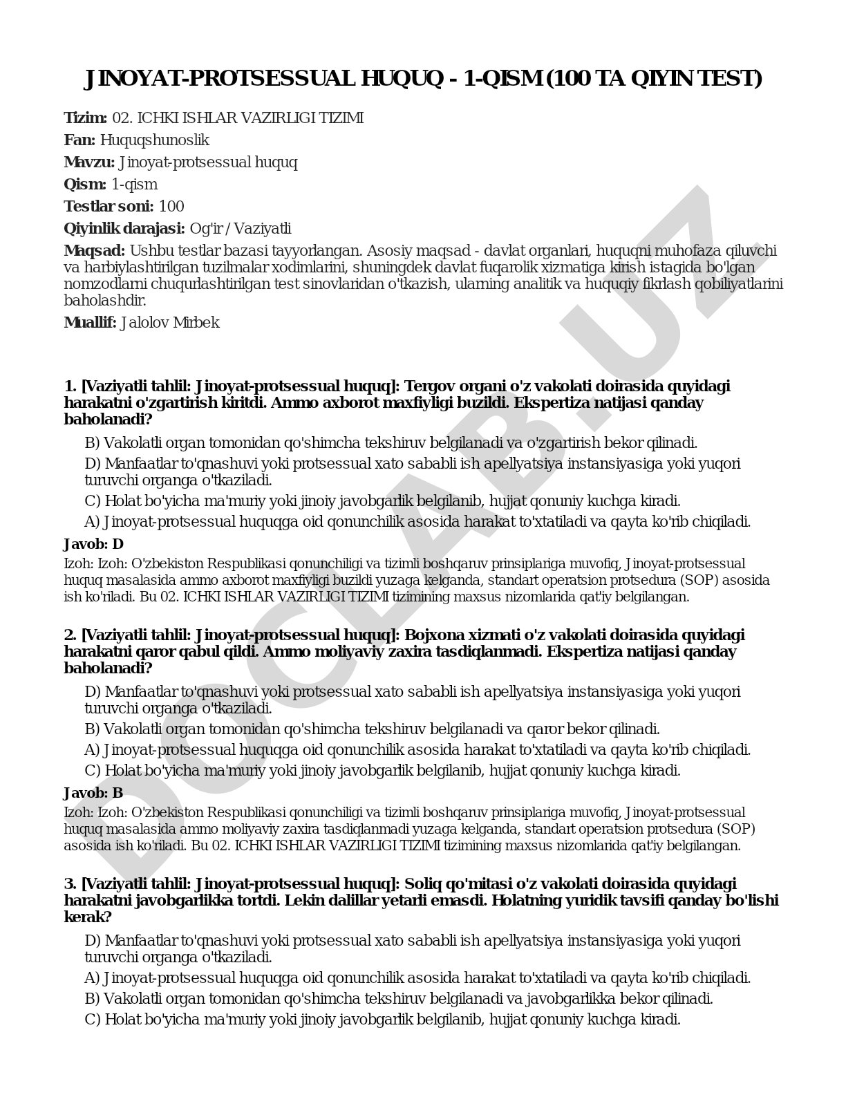 Jinoyat-protsessual huquq - 1-qism (100 ta qiyin test)