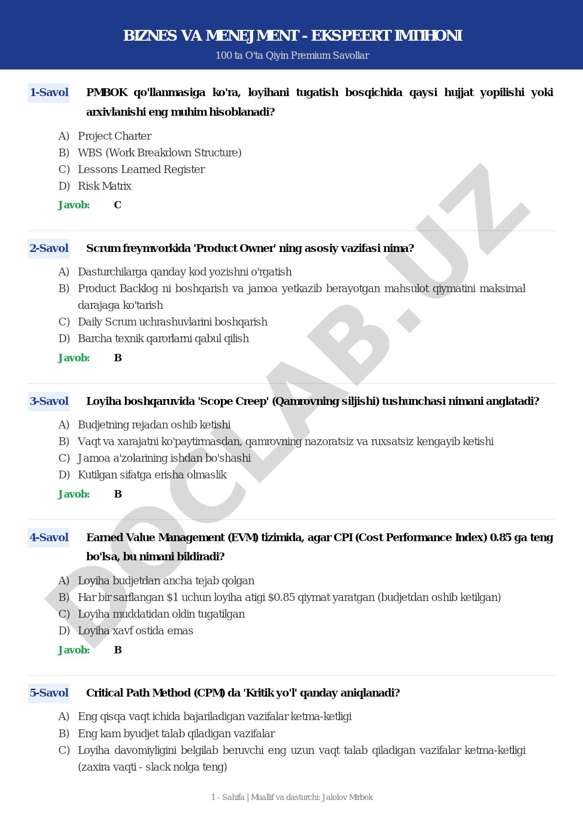 Biznes va menejment - ekspeert imtihoni 100 ta o'ta qiyin premium savollar