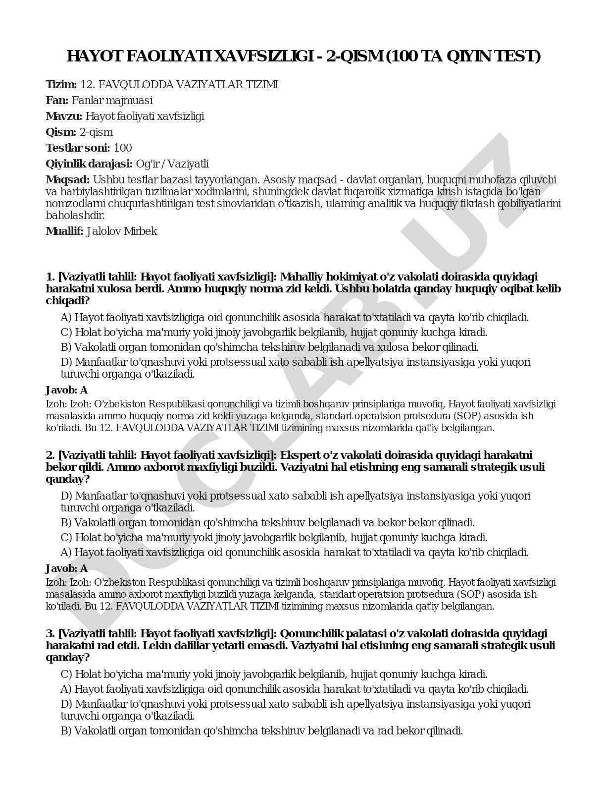 Hayot faoliyati xavfsizligi - 2-qism (100 ta qiyin test)