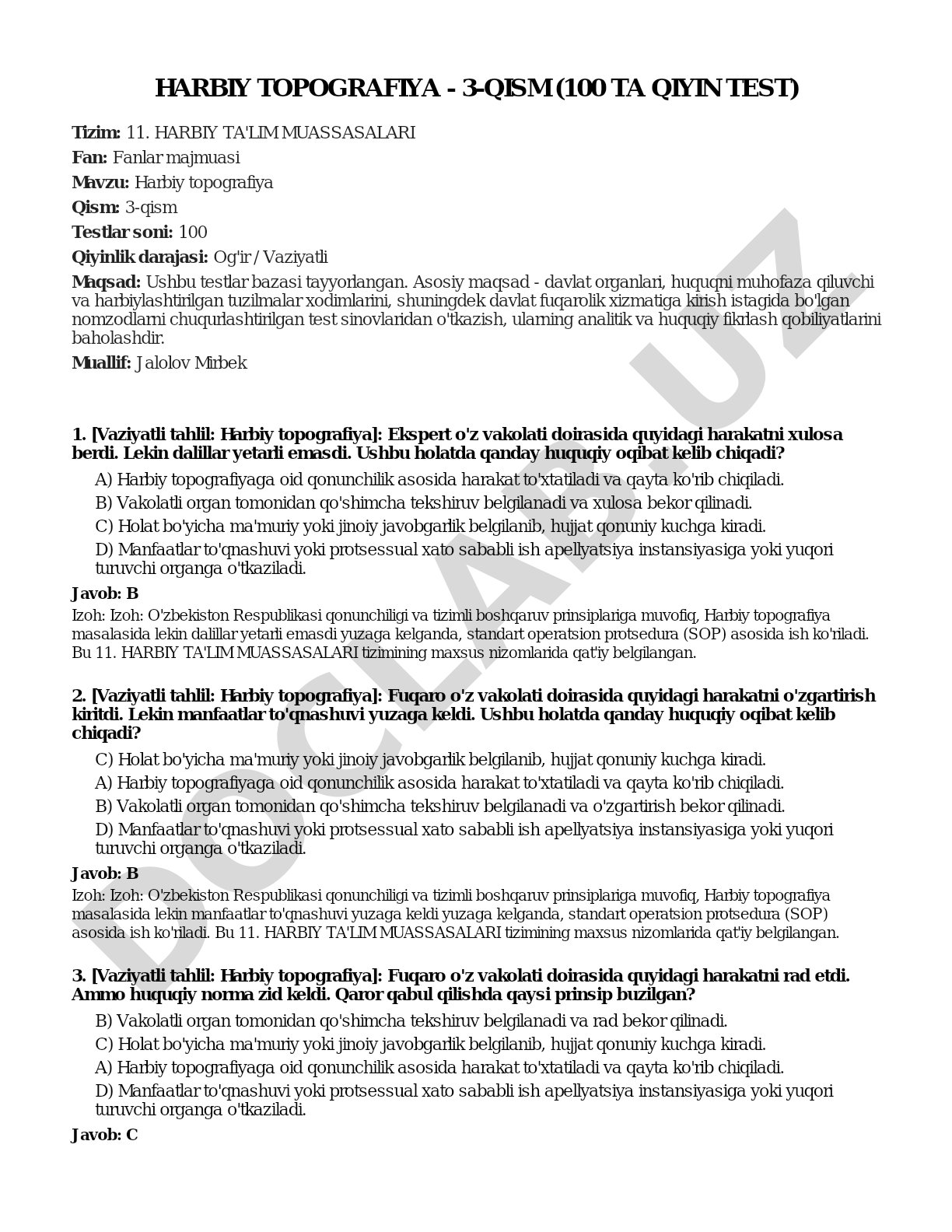 Harbiy topografiya - 3-qism (100 ta qiyin test)
