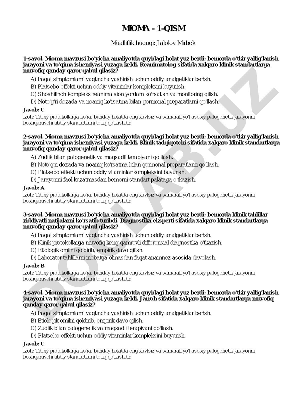 Mioma mavzusiga oid klinik vaziyatlar, test savollari va izohli javoblar