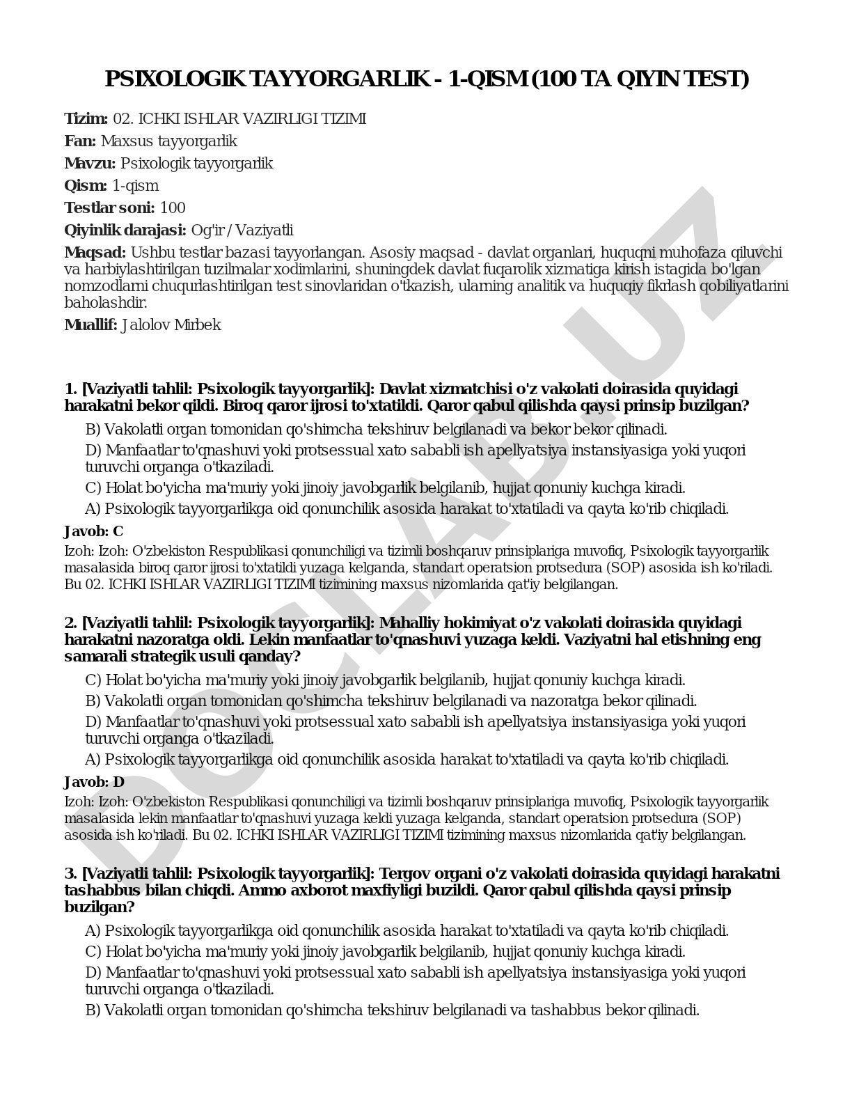 Psixologik tayyorgarlik - 1-qism (100 ta qiyin test)