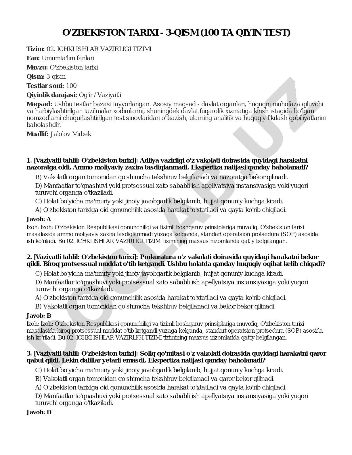 O'zbekiston tarixi - 3-qism (100 ta qiyin test)