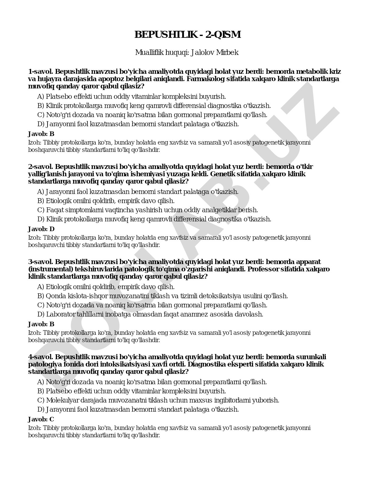 Bepushtlik bo'yicha klinik vaziyat savollari, javoblar va izohlar bilan