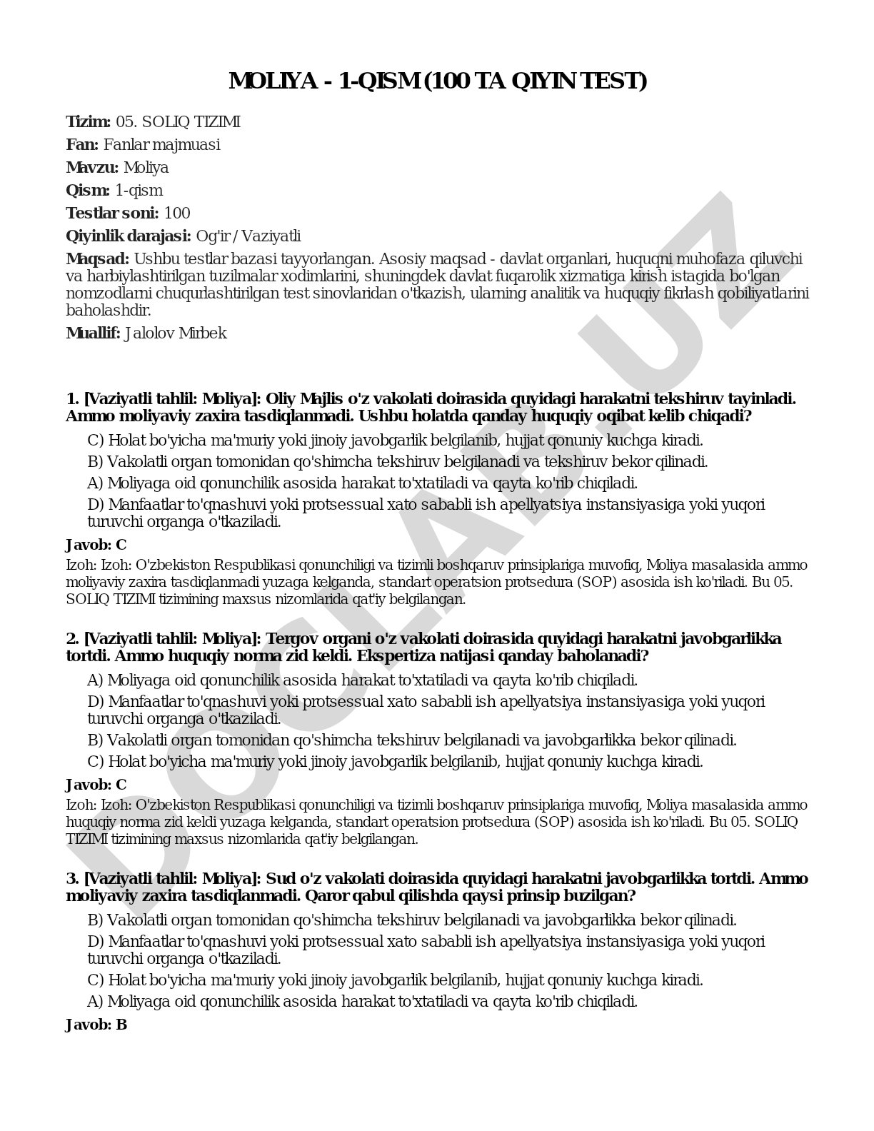 Moliya - 1-qism (100 ta qiyin test)