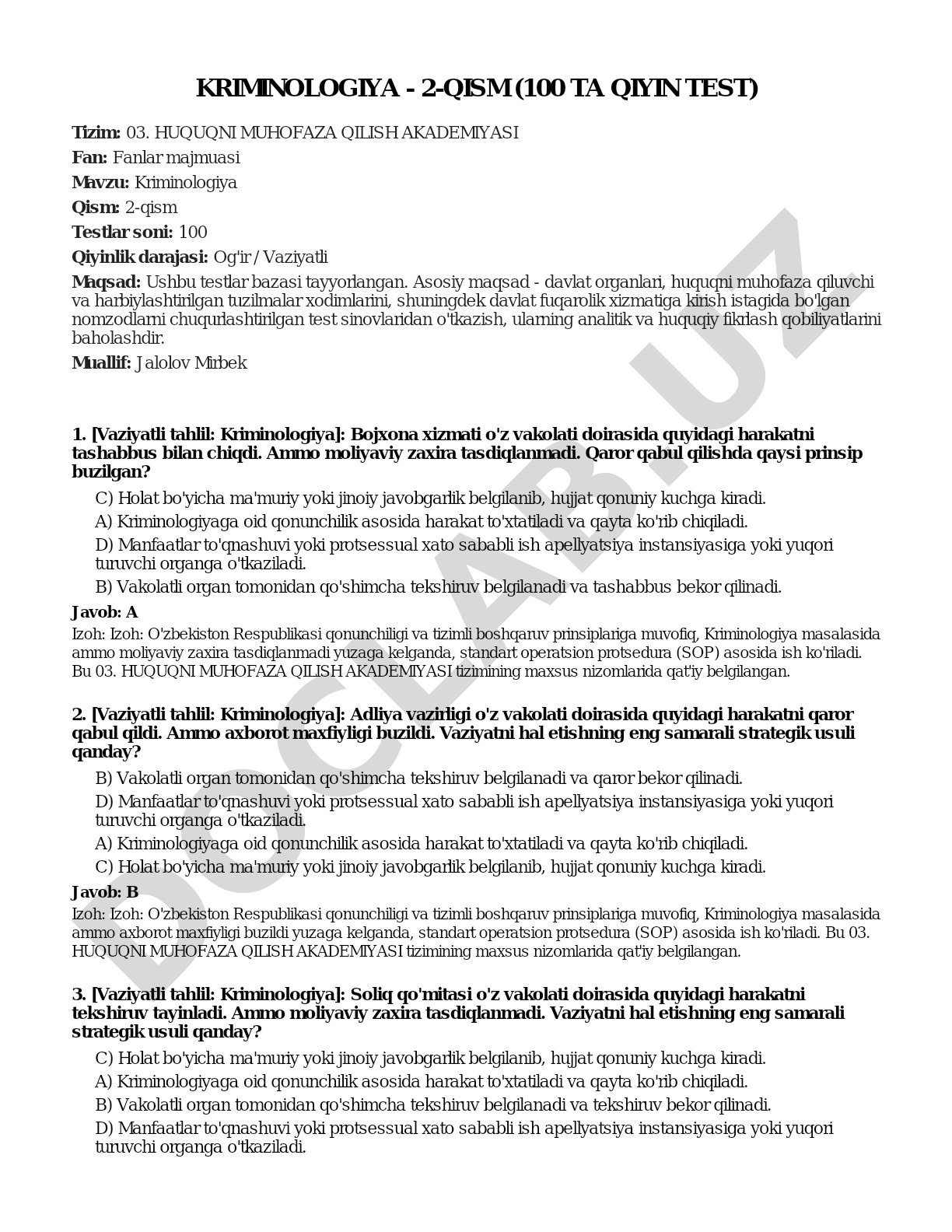 Kriminologiya - 2-qism (100 ta qiyin test)
