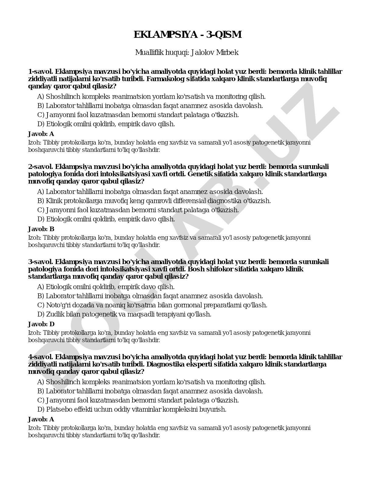 Eklampsiya mavzusidagi test savollari, javoblar va izohlar