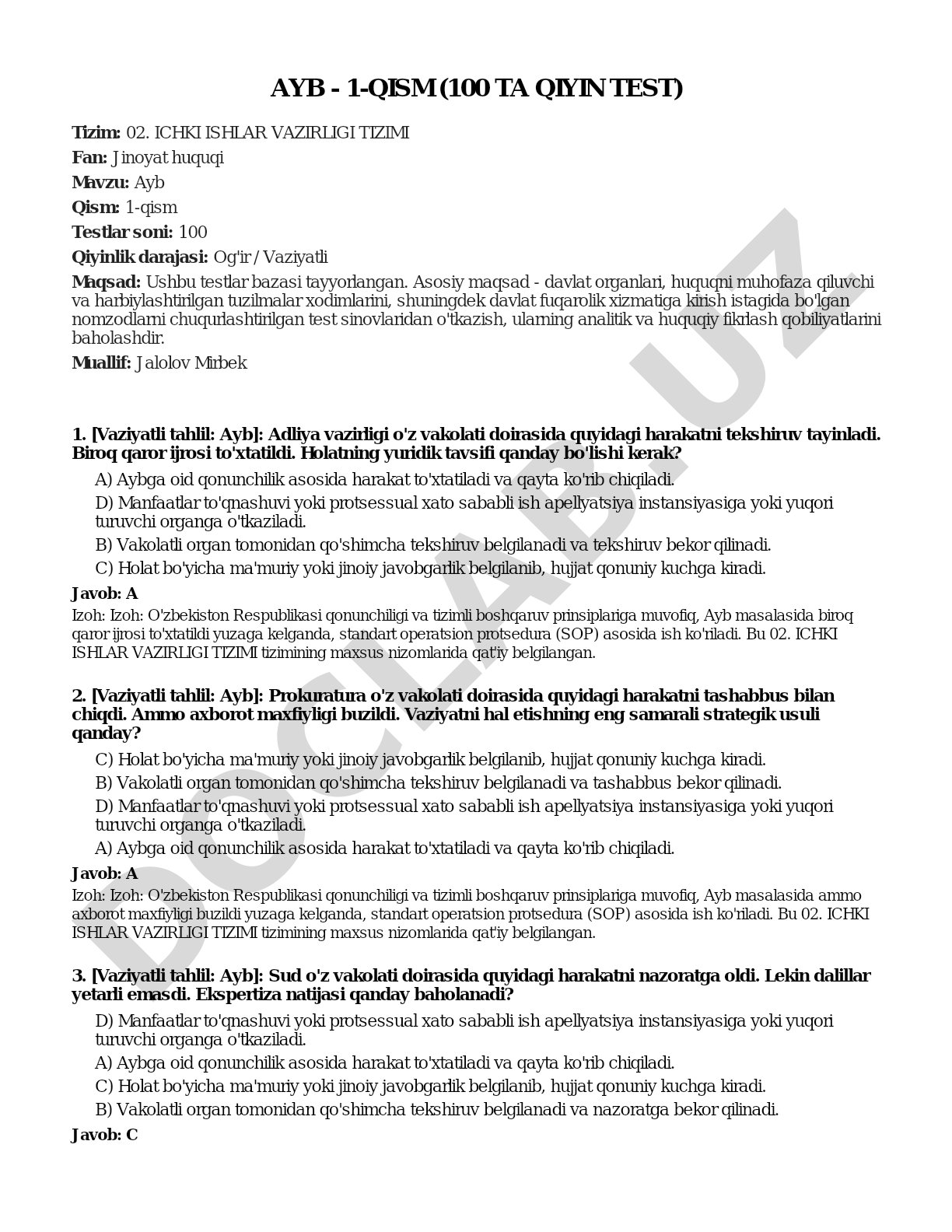 Ayb - 1-qism (100 ta qiyin test)