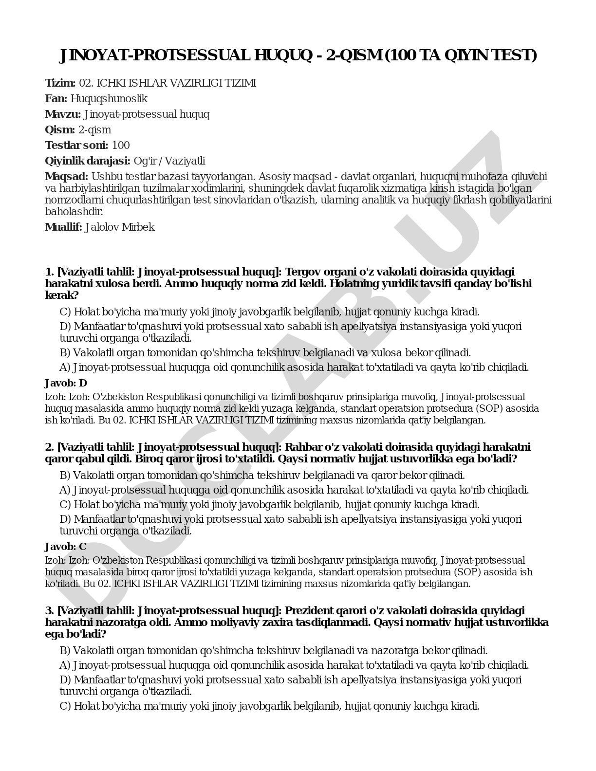 Jinoyat-protsessual huquq - 2-qism (100 ta qiyin test)
