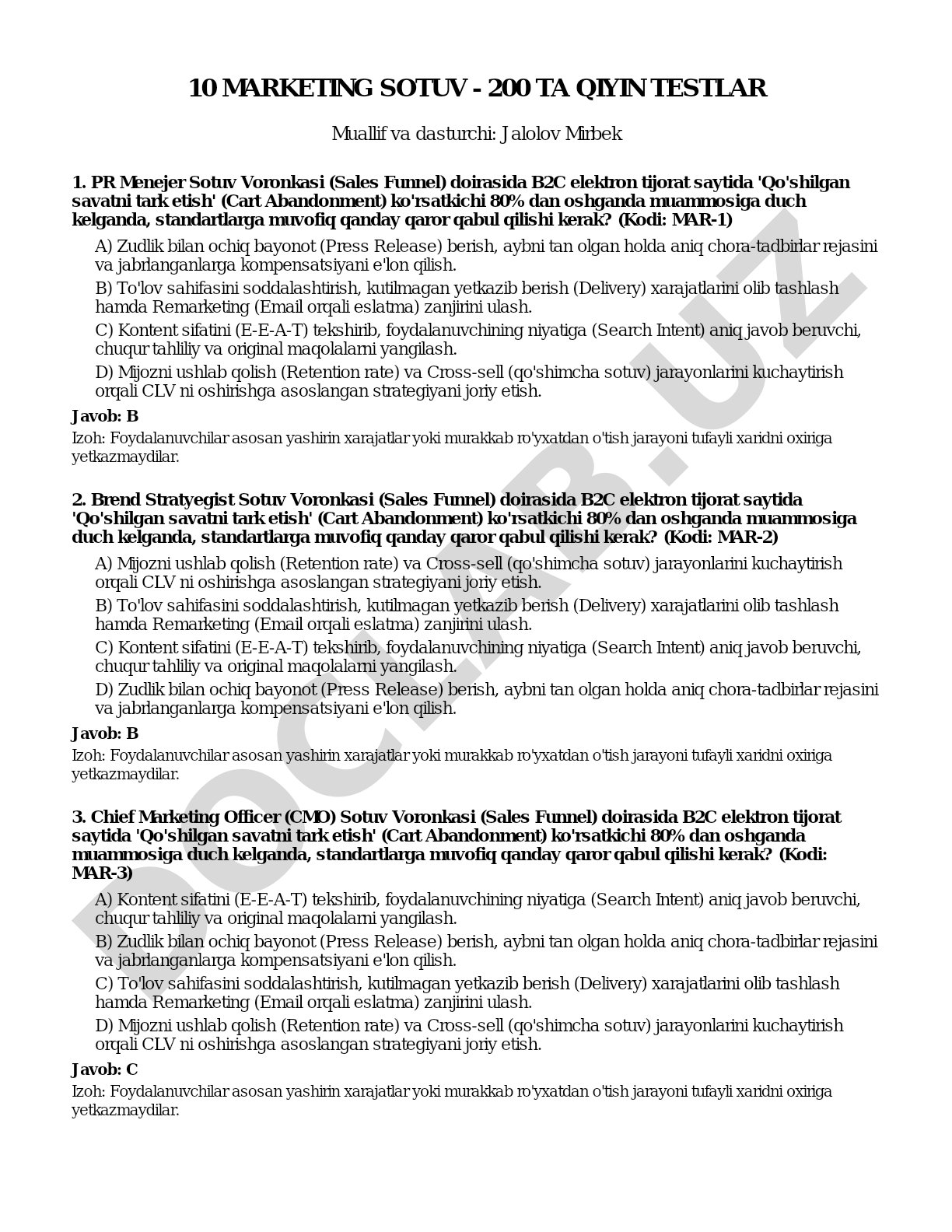 10 marketing sotuv - 200 ta qiyin testlar