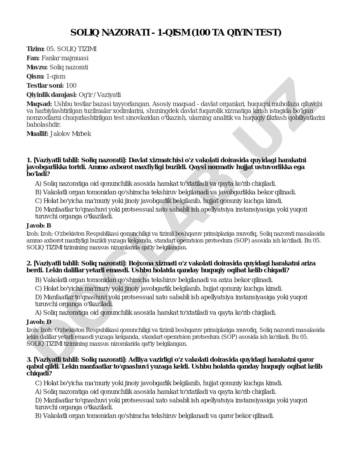 Soliq nazorati - 1-qism (100 ta qiyin test)