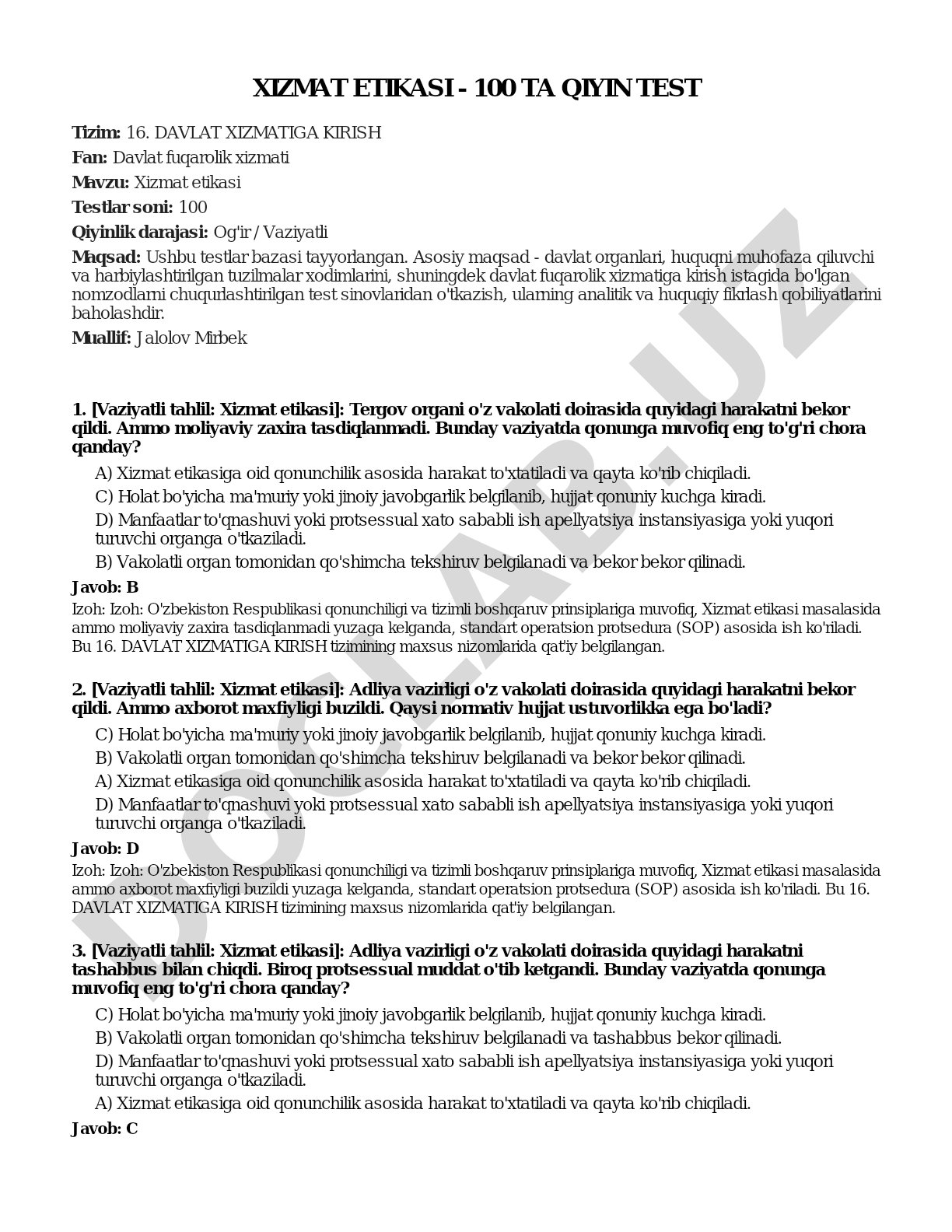 Xizmat etikasi - 100 ta qiyin test