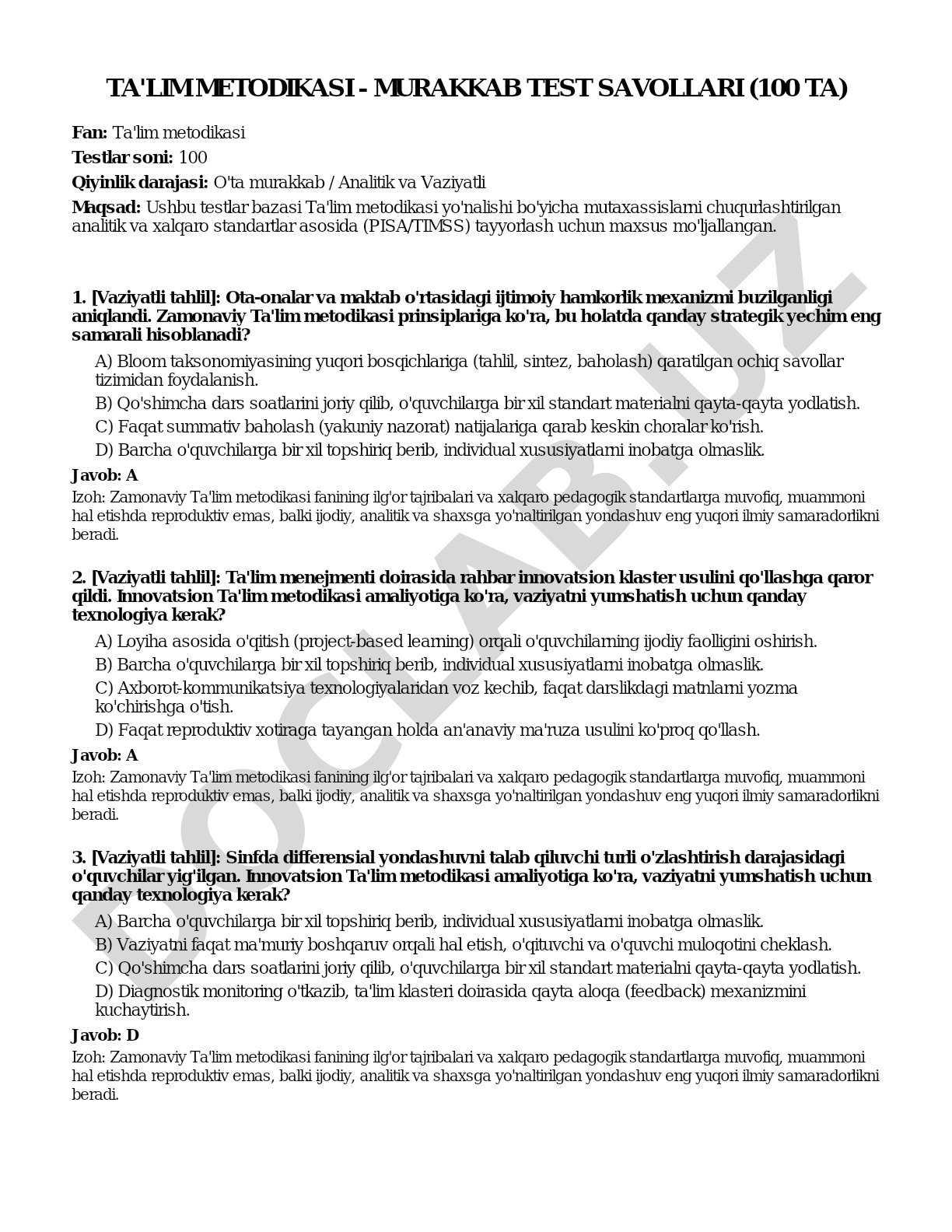 Ta'lim metodikasi - murakkab test savollari (100 ta)