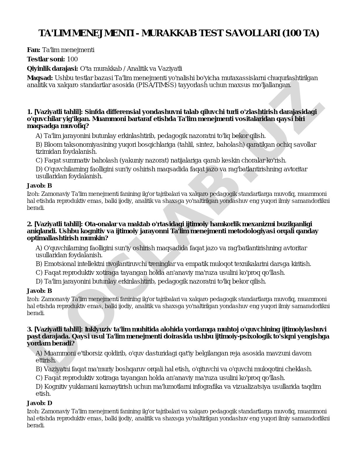 Ta'lim menejmenti - murakkab test savollari (100 ta)