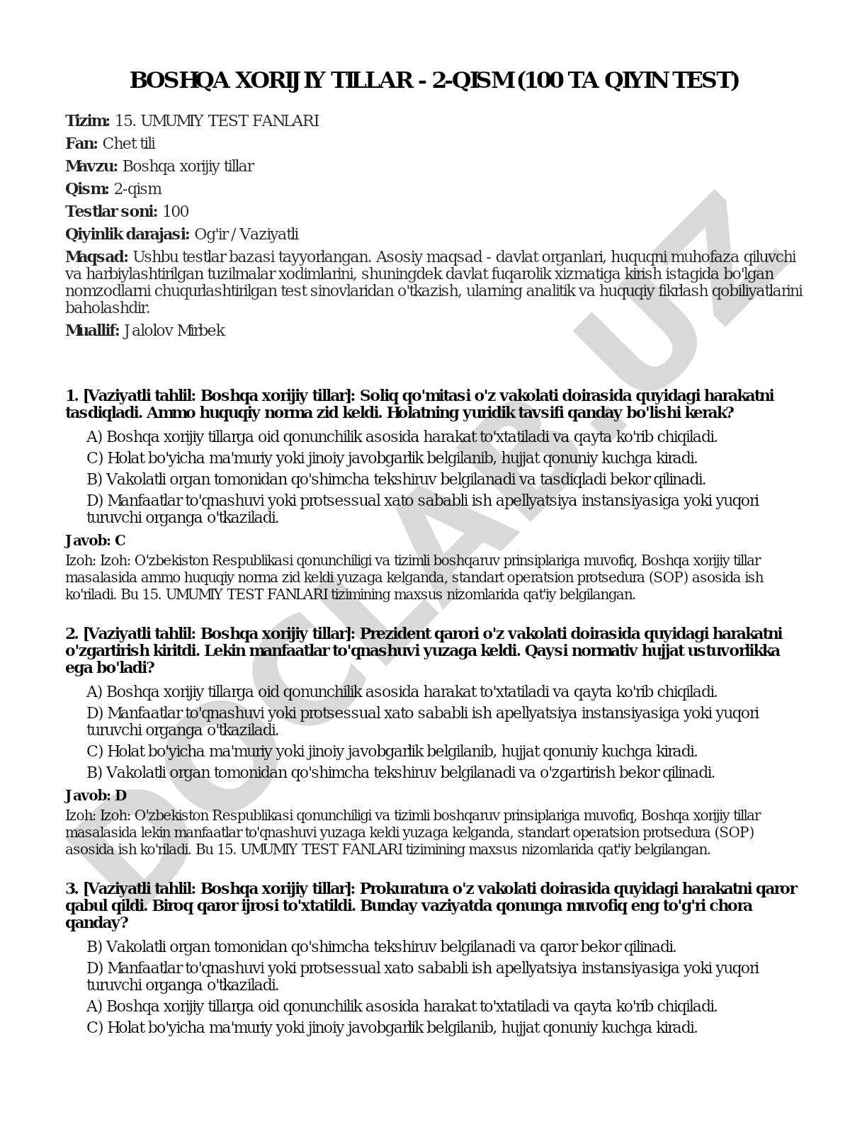 Boshqa xorijiy tillar - 2-qism (100 ta qiyin test)