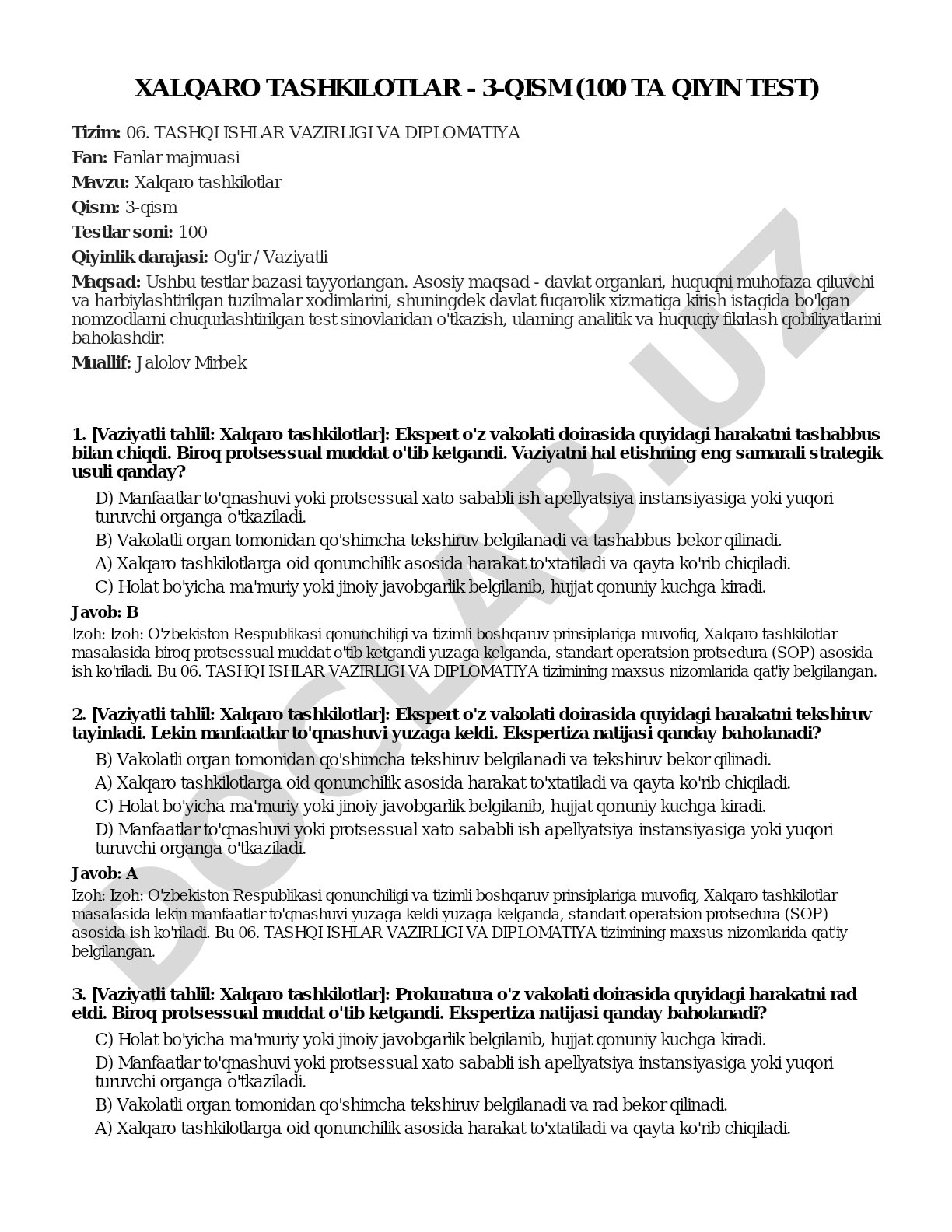 Xalqaro tashkilotlar - 3-qism (100 ta qiyin test)