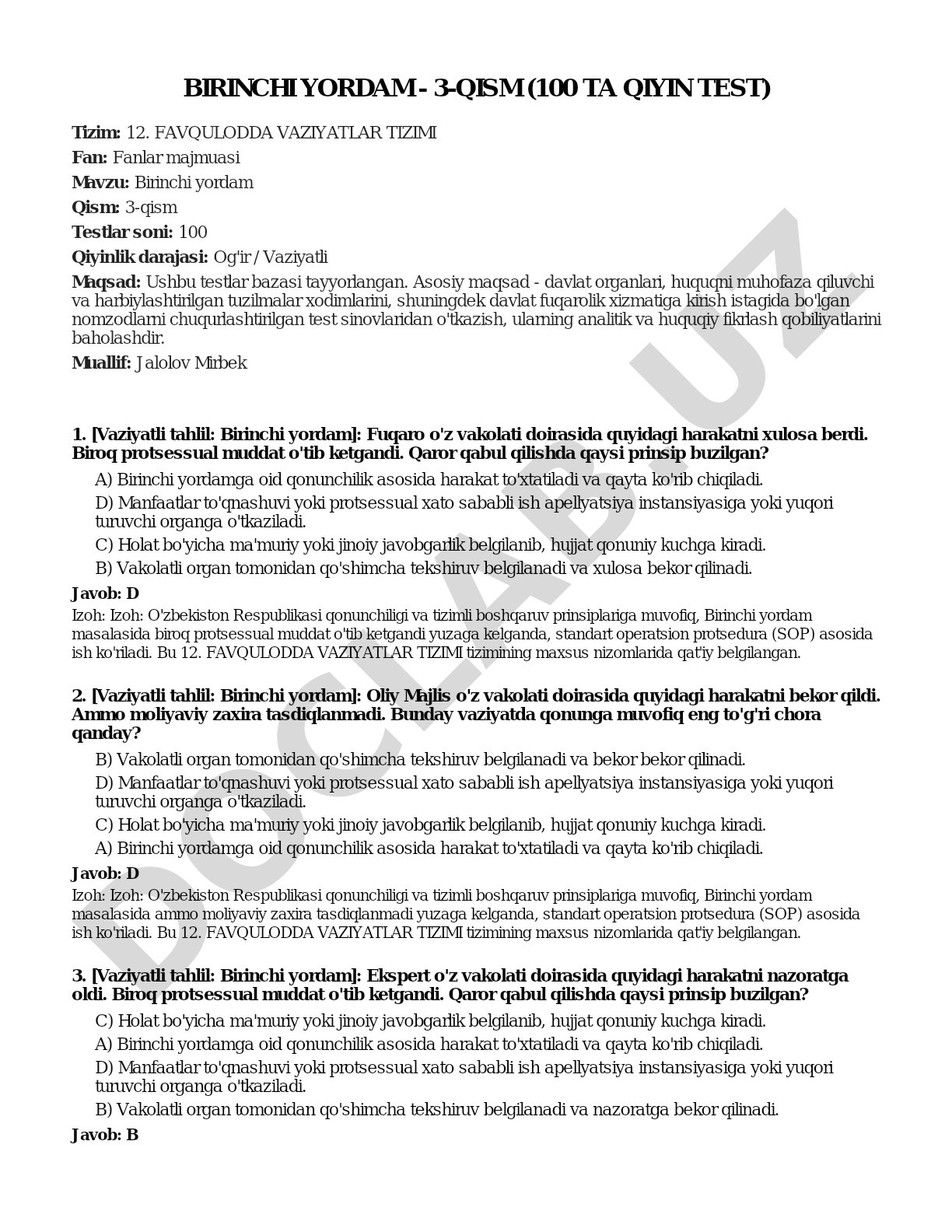 Birinchi yordam - 3-qism (100 ta qiyin test)