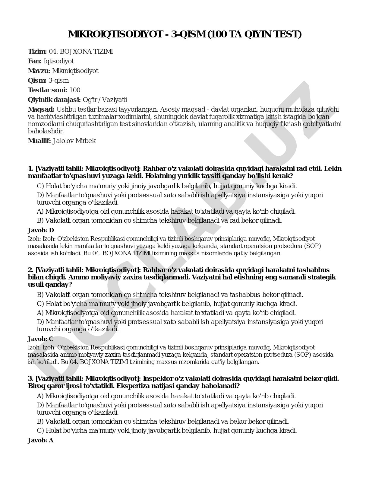 Mikroiqtisodiyot - 3-qism (100 ta qiyin test)