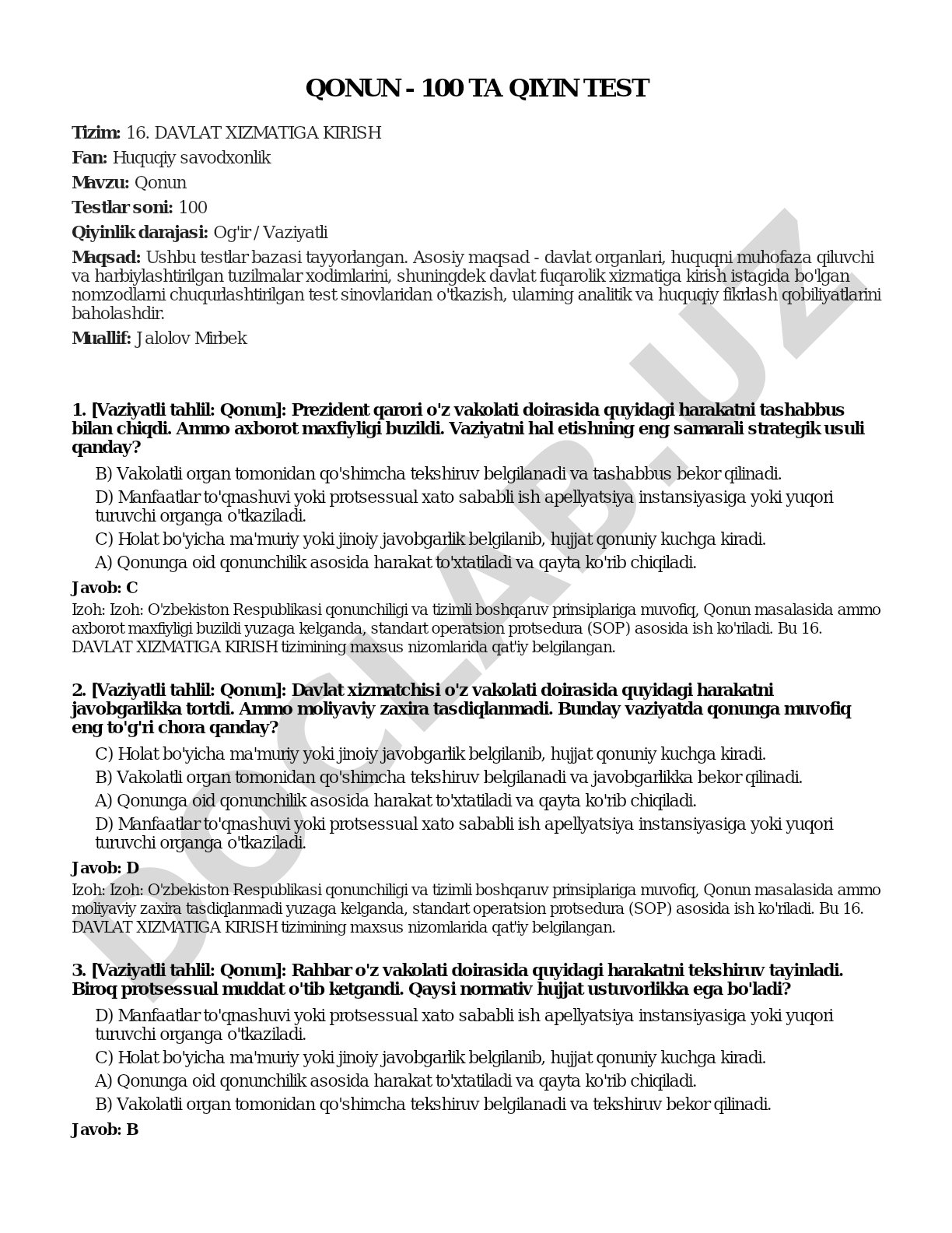 Qonun - 100 ta qiyin test