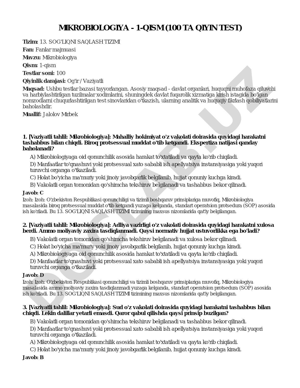 Mikrobiologiya - 1-qism (100 ta qiyin test)
