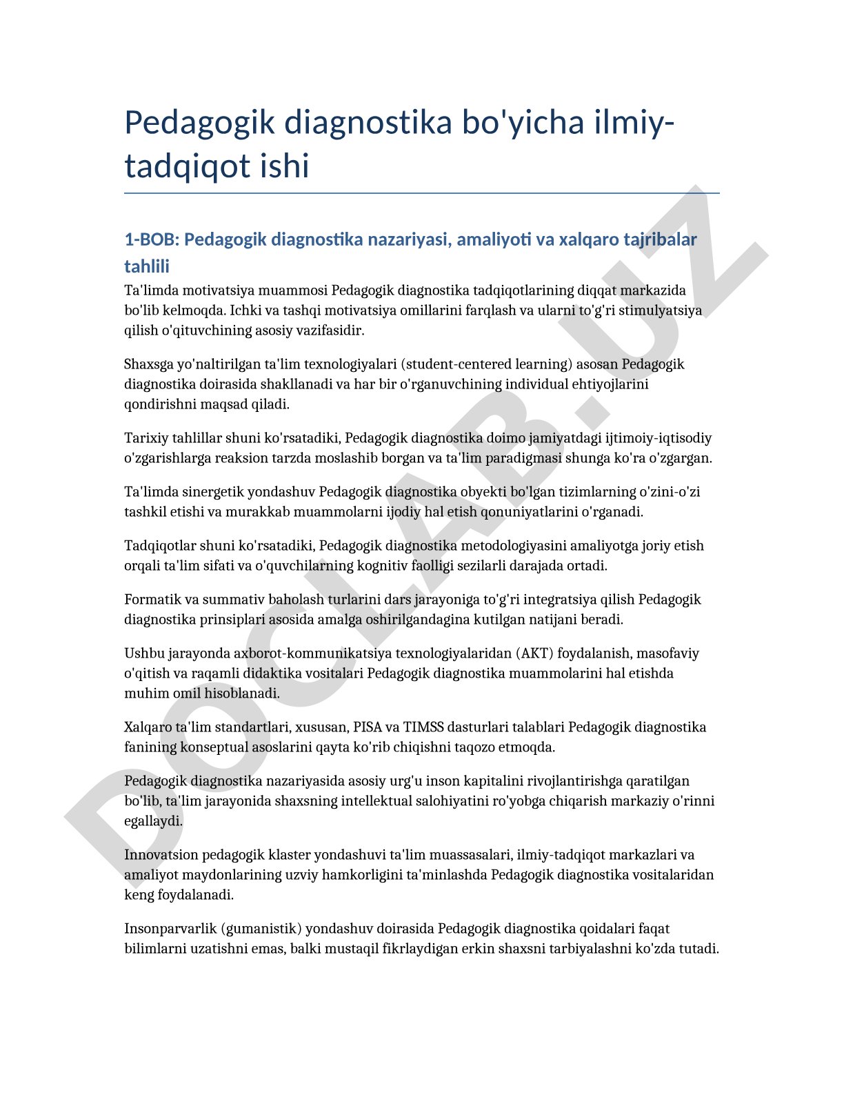 Pedagogik diagnostika nazariyasi, amaliyoti va xalqaro tajribalar tahlili