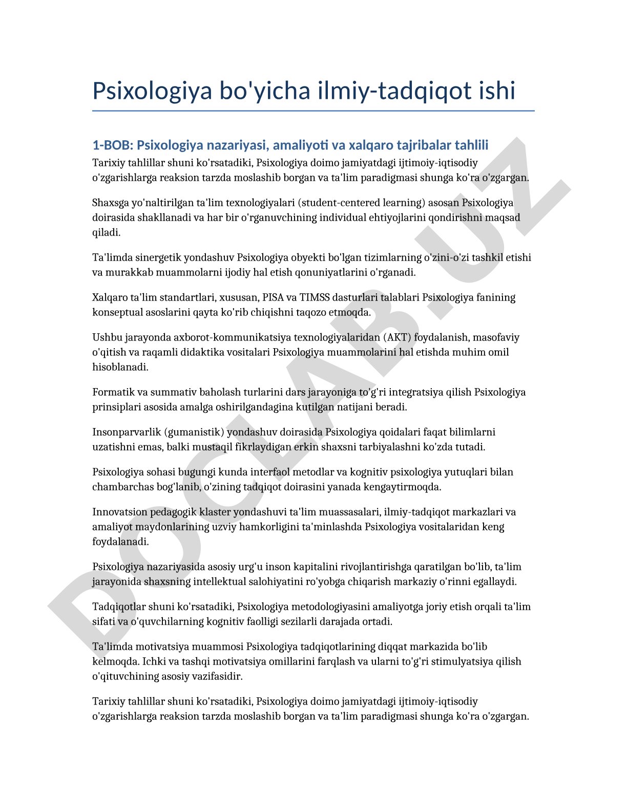Psixologiya nazariyasi, amaliyoti va xalqaro tajribalar tahlili