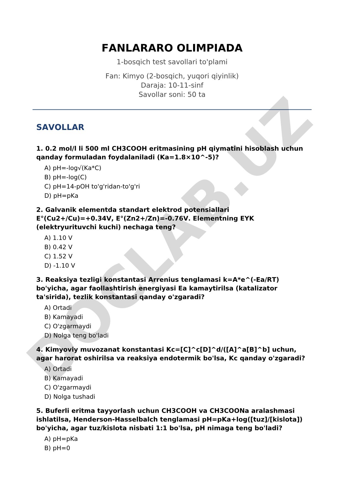 FANLARARO OLIMPIADA 1-bosqich test savollari to'plami Fan: Kimyo (2-bosqich, yuqori qiyinlik) Daraja