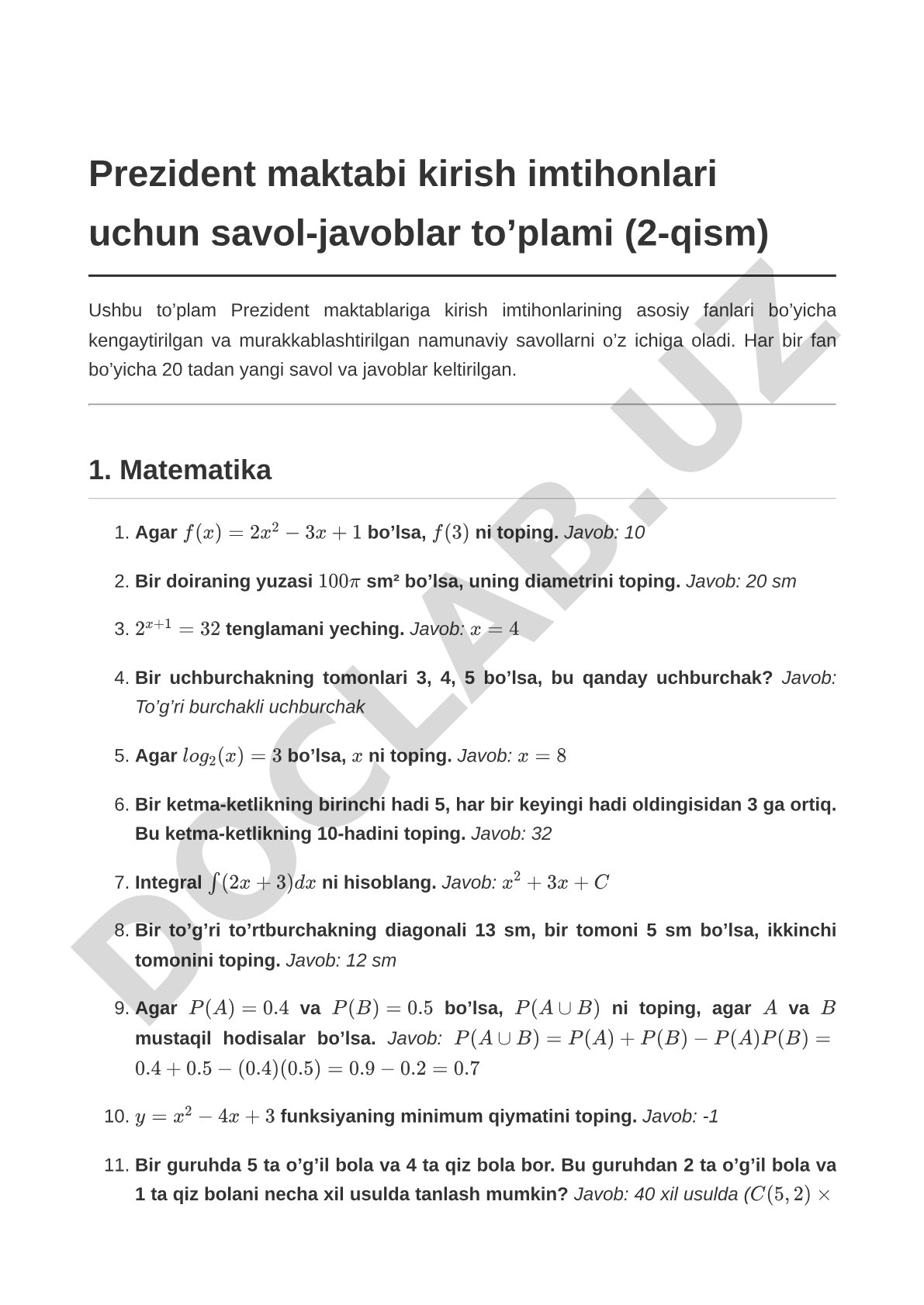 Har bir fan bo’yicha 20 tadan yangi savol va javoblar keltirilgan