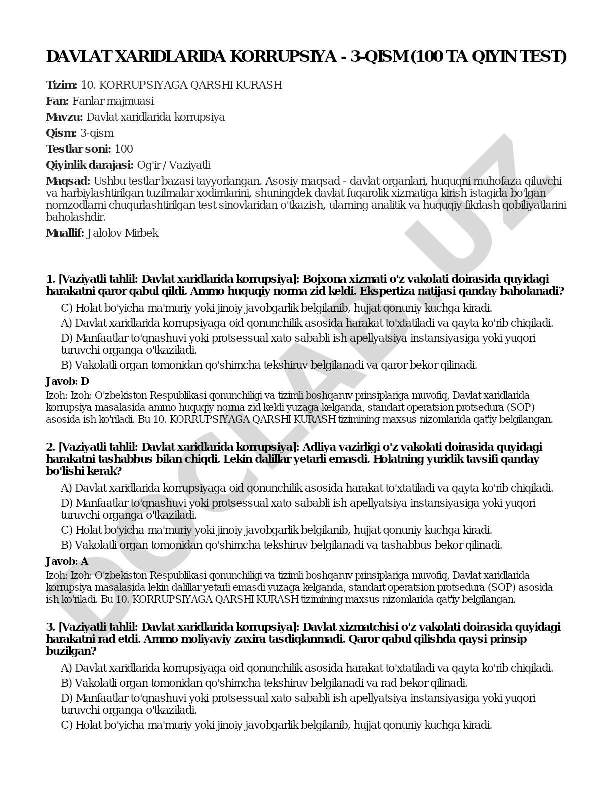Davlat xaridlarida korrupsiya - 3-qism (100 ta qiyin test)