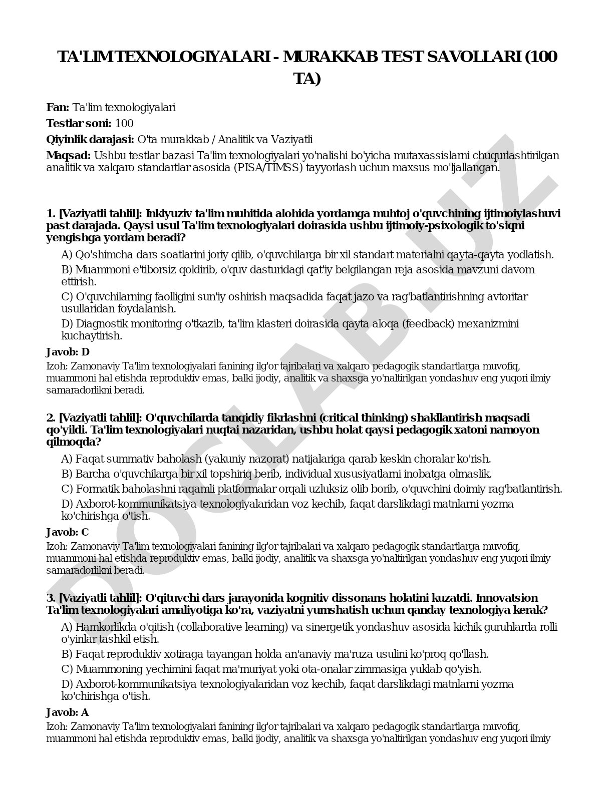 Ta'lim texnologiyalari - murakkab test savollari (100 ta)