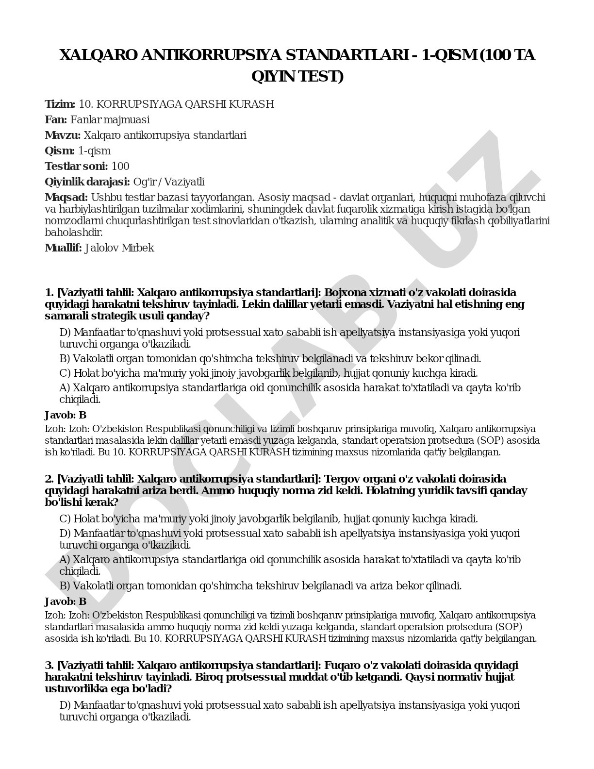 Xalqaro antikorrupsiya standartlari - 1-qism (100 ta qiyin test)