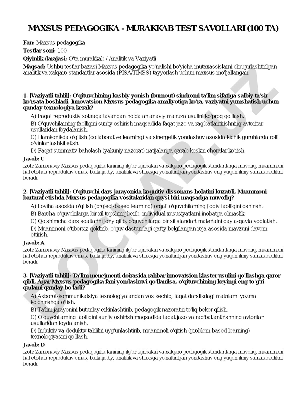 Maxsus pedagogika - murakkab test savollari