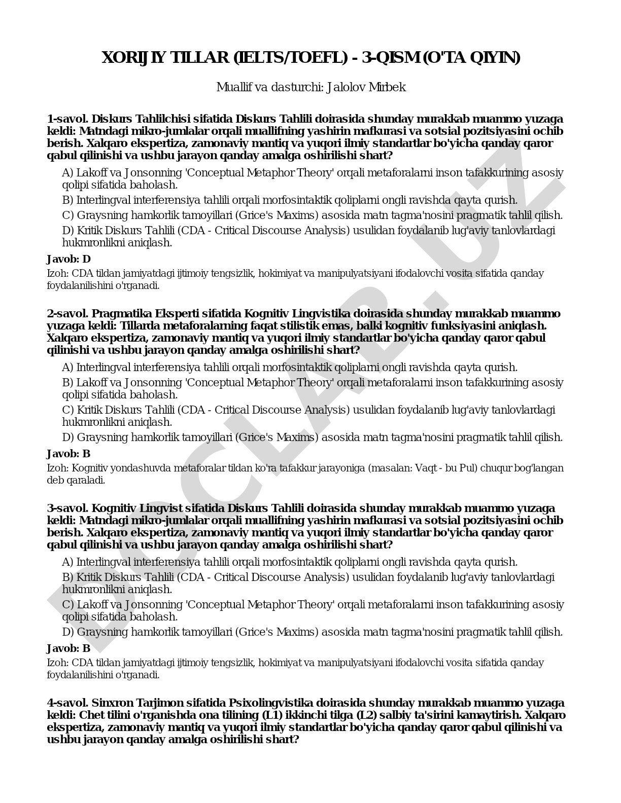Xorijiy tillar (IELTS/TOEFL) - 3-qism (o'ta qiyin)