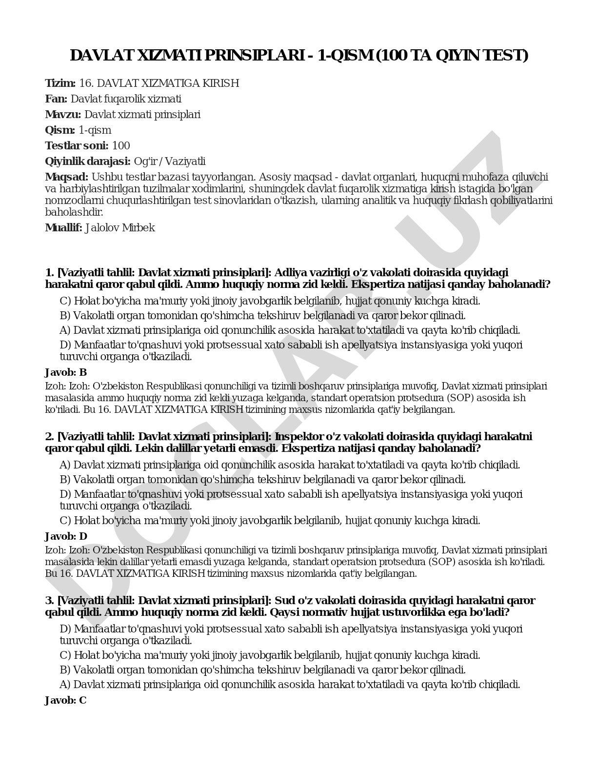 Davlat xizmati prinsiplari - 1-qism (100 ta qiyin test)