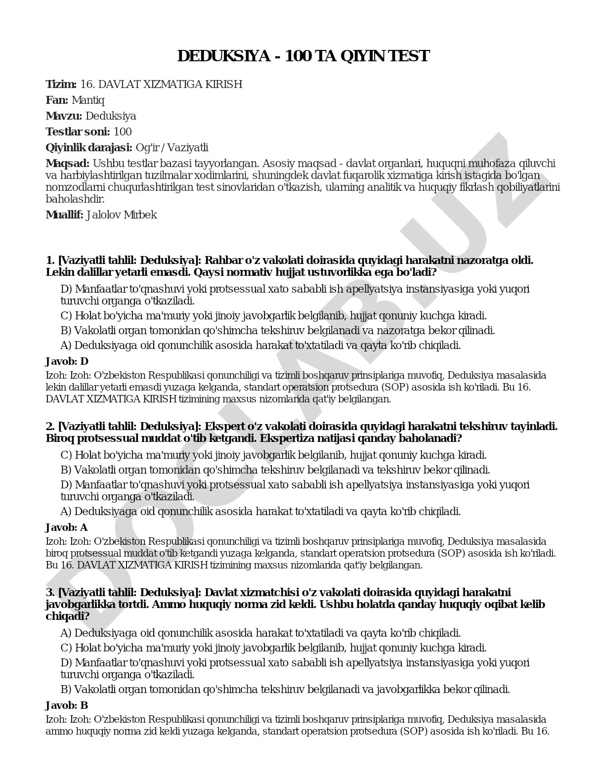 Deduksiya - 100 ta qiyin test