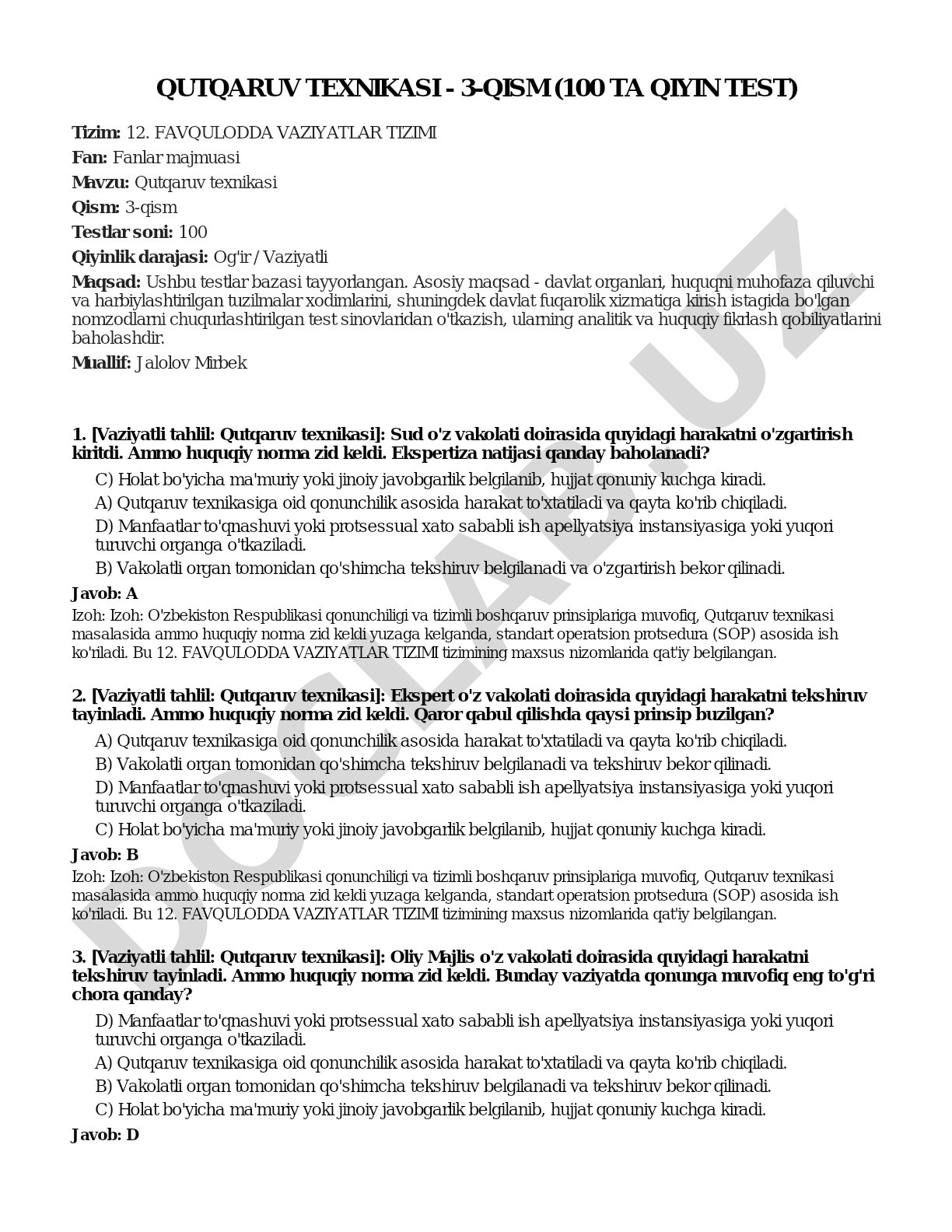 Qutqaruv texnikasi - 3-qism (100 ta qiyin test)